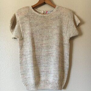 Vintage Chaus Sweater S Beige Ivory Gold Metallic Knit 80s Taupe Short Sleeve